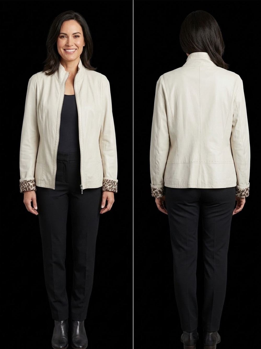 Reversible Women's Cream skin lamb Leather Zip-Front Jacket with Leopard Trim